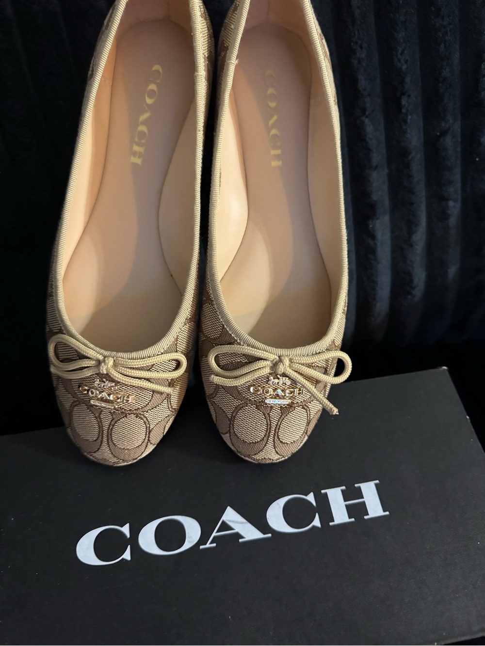 Coach Signature Canvas Bow Ballet Flats in Khaki/Tan